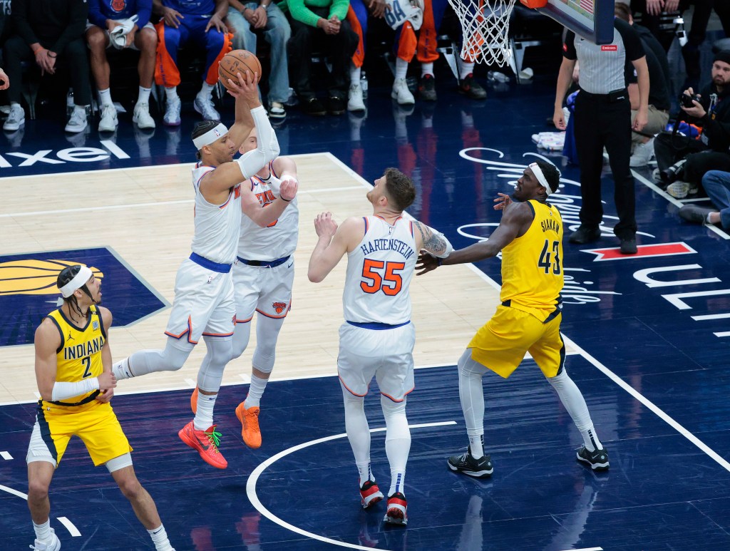  Josh Hart #3 of the New York Knicks pulls down a rebound during the third quarter.