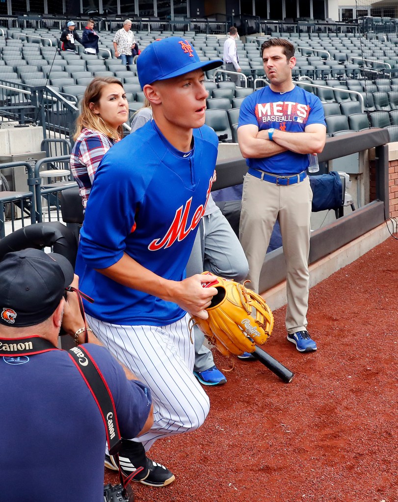 Mets #1 Draft pick Jarred Kelenic steps on the field during batting practice before the Pittsburgh Pirates played the New York Mets in a Major League baseball game at Citi Field on June 27, 2018.