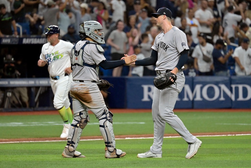 Clay Holmes celebrates after the Yankees' win over the Rays on May 10, 2024.