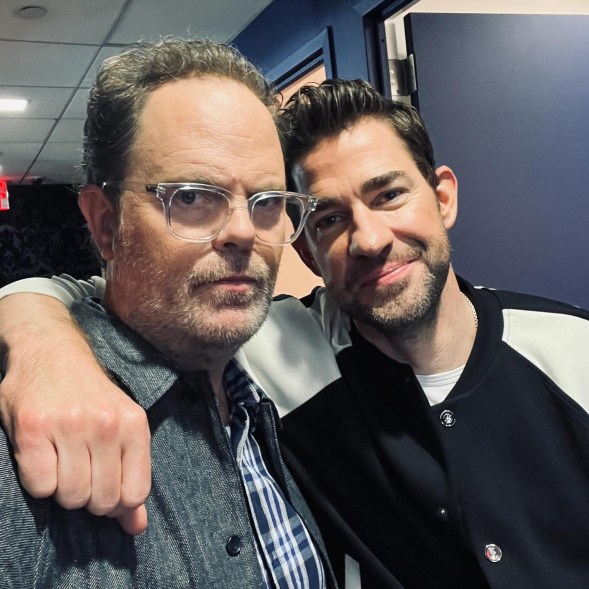 'OFFICE' DEPOT: Friends and former co-stars Rainn Wilson (left) and John Krasinski run into each other backstage at “CBS Mornings.”V