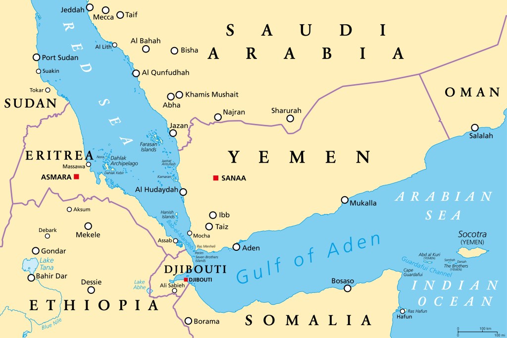 A map of the Arabian Peninsula and Northern Africa shows the countries that surround the Gulf of Aden, where piracy appears to be on an uptick.