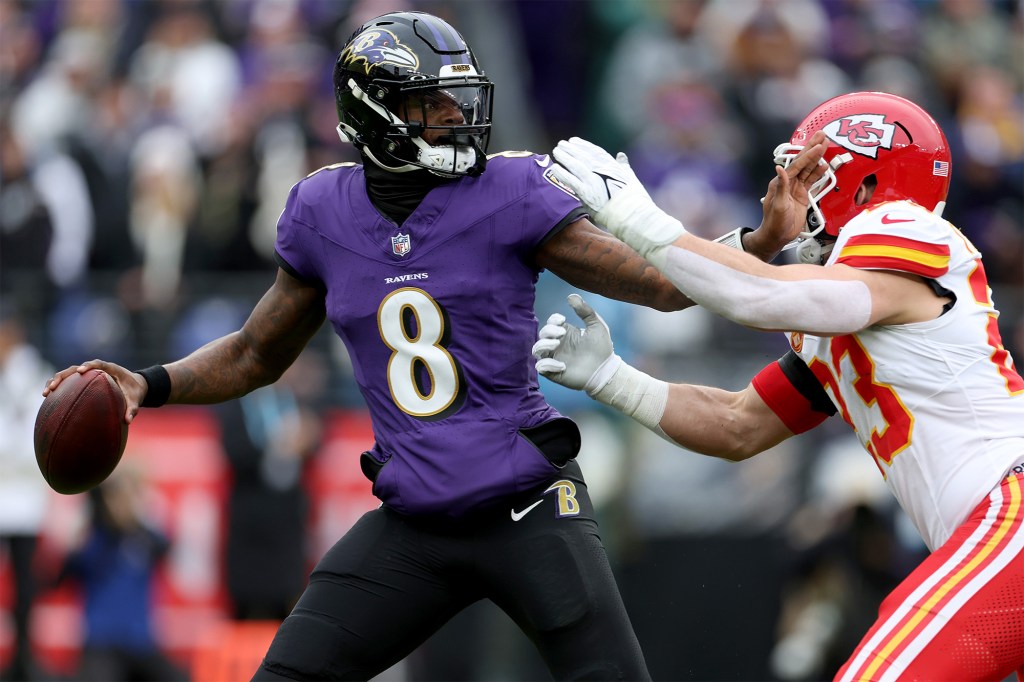 Ravens QB Lamar Jackson looks to pass against the Chiefs in the AFC Championship game in January 2024.