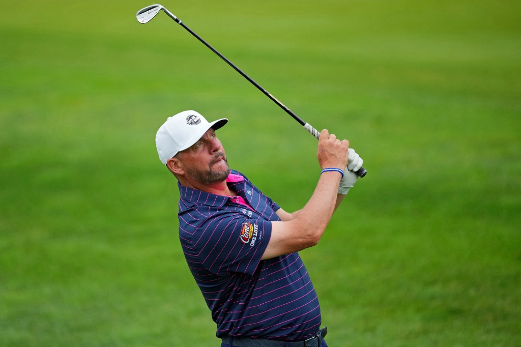 Michael Block takes a shot on the 10th hole during a practice round for the PGA Championship.