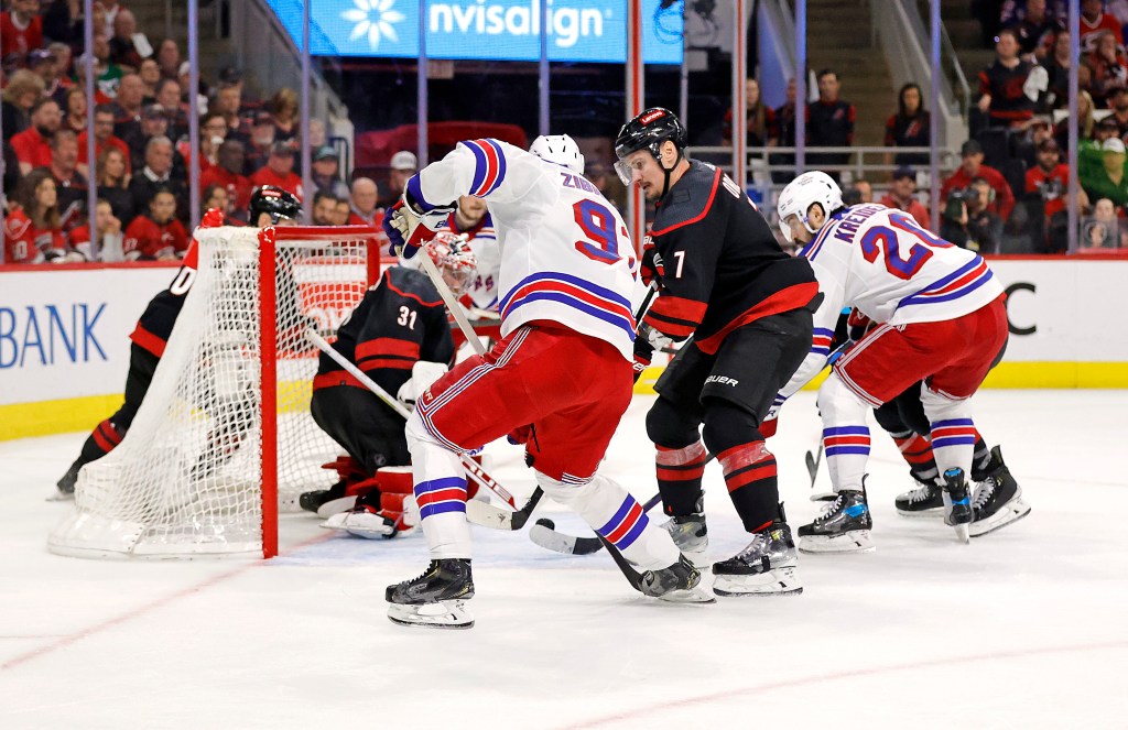 Chris Kreider scores the game-winner goal during the Rangers' Game 6 win over the Hurricanes on May 16, 2024.