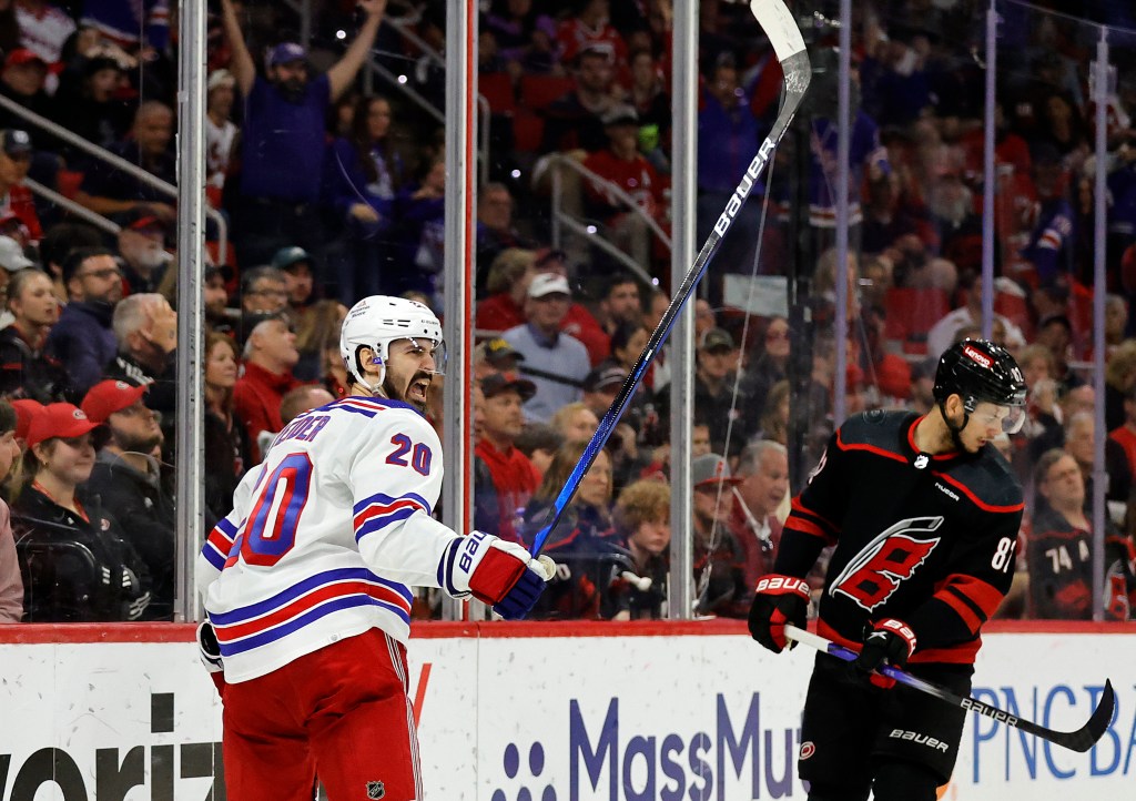 Rangers left winger Chris Kreider celebrates his goal during the third period against the Carolina Hurricanes