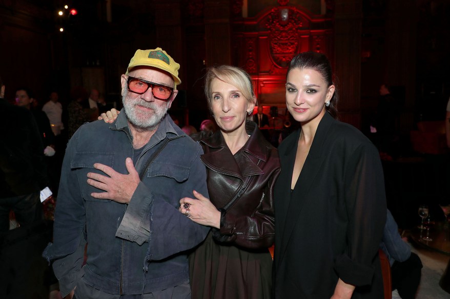 THEIR CRUSH WITH EYELINER: At the after-party for the NYC premiere of the film “Back to Black,” R.E.M.’s Michael Stipe (from left), director Sam Taylor-Johnson and actress Marisa Abela join forces.