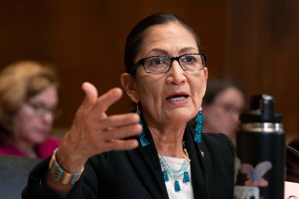 Interior Secretary Deb Haaland speaking at a Senate Appropriations Committee Subcommittee hearing on Capitol Hill