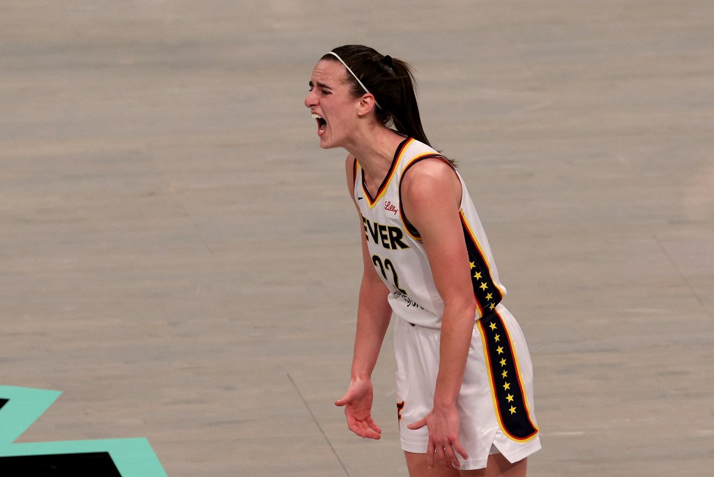 Caitlin Clark reacts during the Fever's loss to the Liberty on May 18, 2024. 