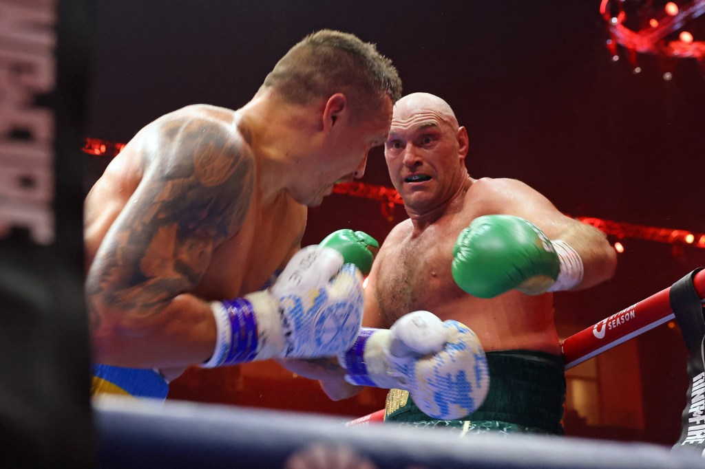 Ukraine's Oleksandr Usyk (L) fights against Britain's Tyson Fury during a heavyweight boxing world championship fight 