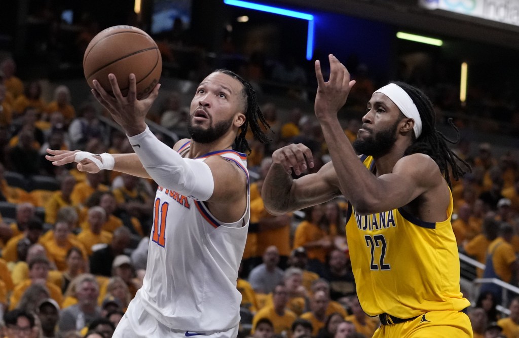 Knicks star guard Jalen Brunson, driving to the basket in Game 6, will be double and triple teamed by the Pacers at various moments of Game 7.