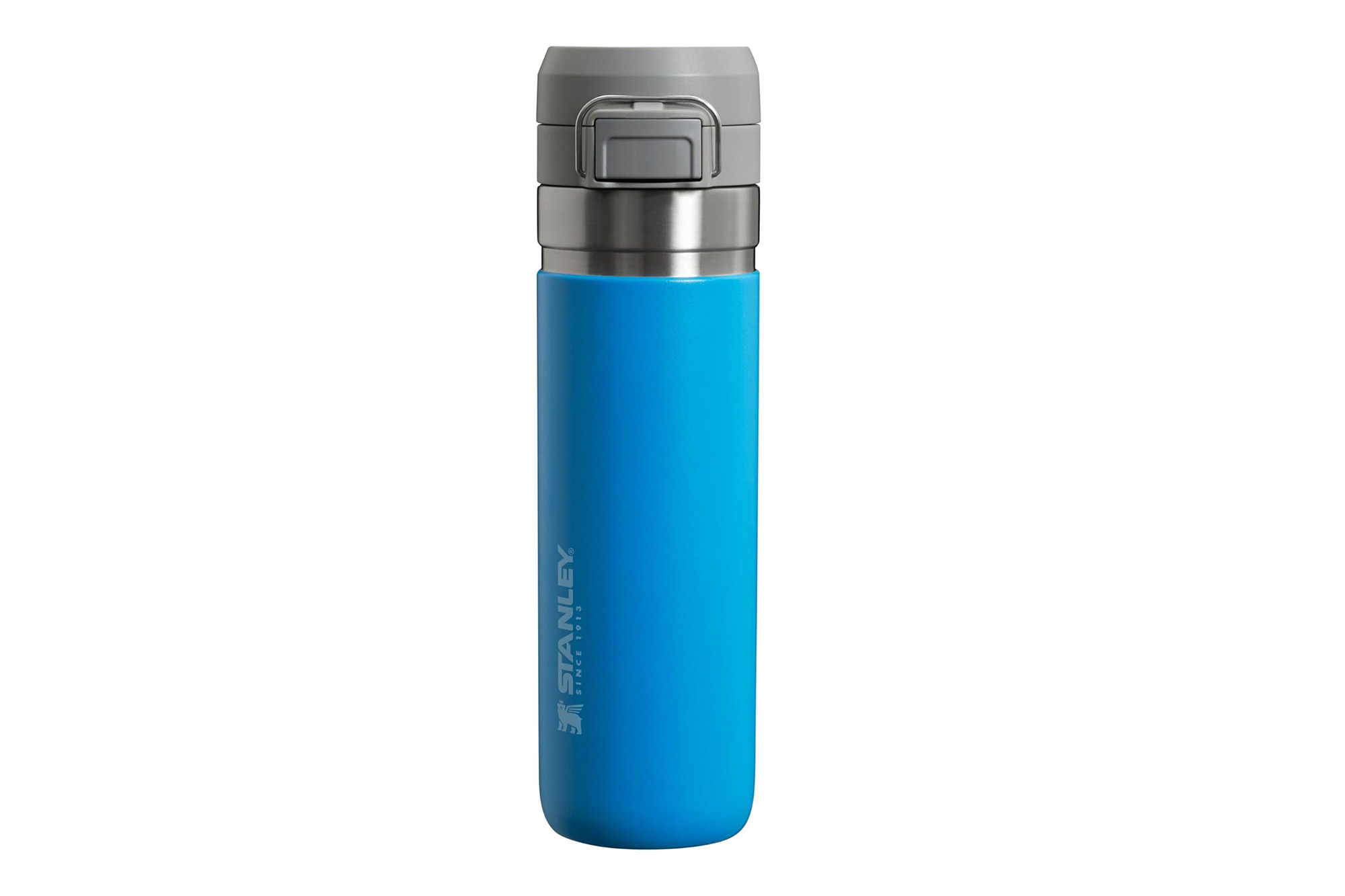 A blue Stanley water bottle