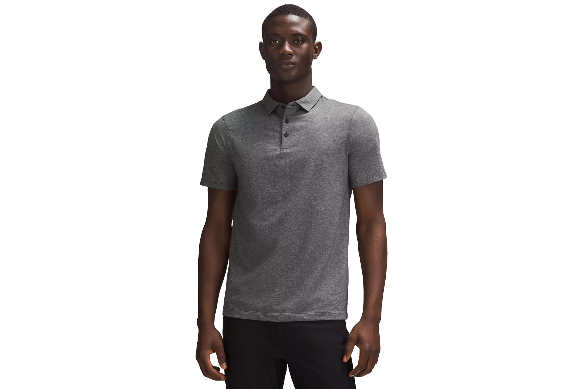 A model in a gray polo shirt