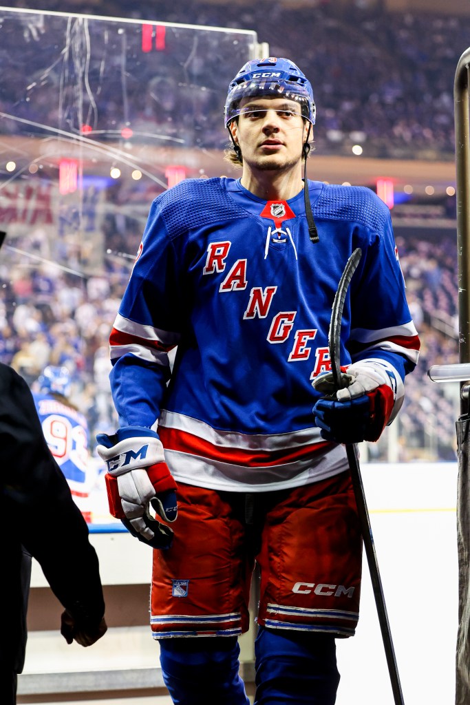 Matt Rempe of the Rangers exits the ice after warm-ups prior to the game against the Florida Panthers on Wednesday night.