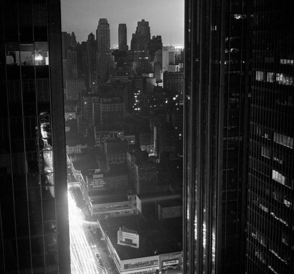 1965 Northeast blackout in New York City with CBS headquarters and city lights off at night