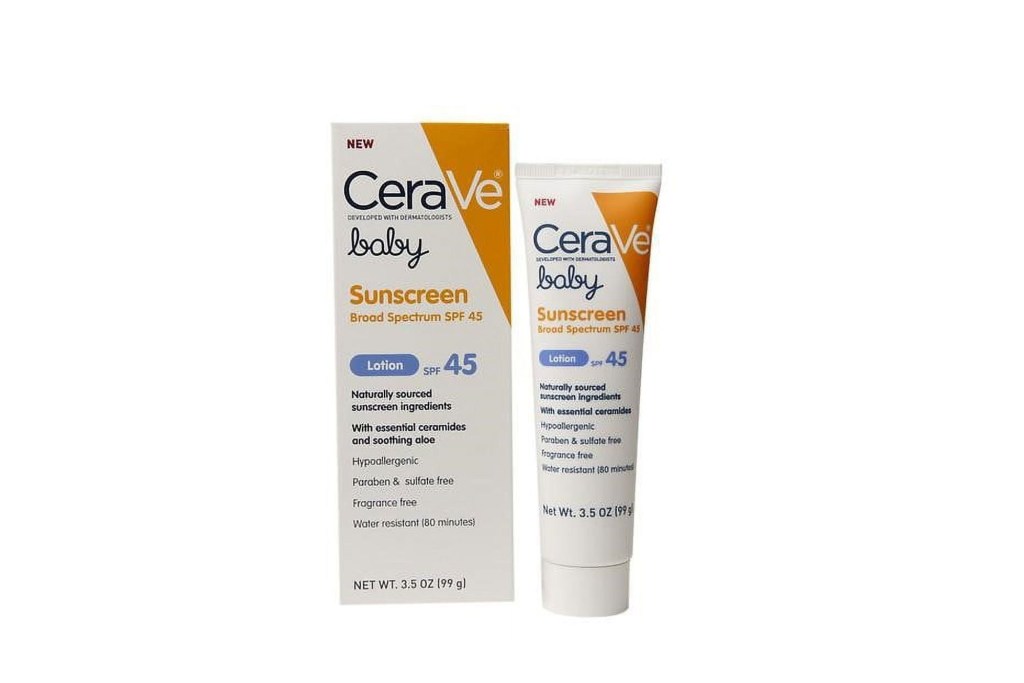 A tube of CeraVe Baby Sunscreen SPF 45 with its packaging box