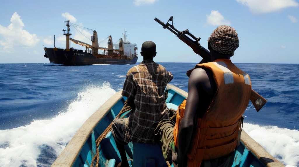 Modern day sea pirates attacking cargo ship, boat with armed men sails to bulk carrier.