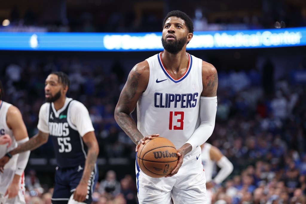 Paul George #13 of the LA Clippers shoots a free throw during the game against the Dallas Mavericks during Round 1 Game 4 of the 2024 NBA Playoffs on April 28, 2024 at the American Airlines Center in Dallas, Texas. 