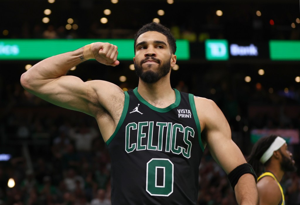 Jayson Tatum #0 of the Boston Celtics reacts after a play during the fourth quarter in Game Two of the Eastern Conference Finals against the Indiana Pacers at TD Garden on May 23, 2024 in Boston, Massachusetts.