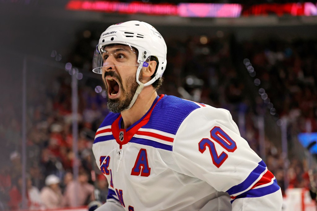 Chris Kreider celebrated during the Rangers' Game 6 win over the Hurricanes on May 16, 2024. 