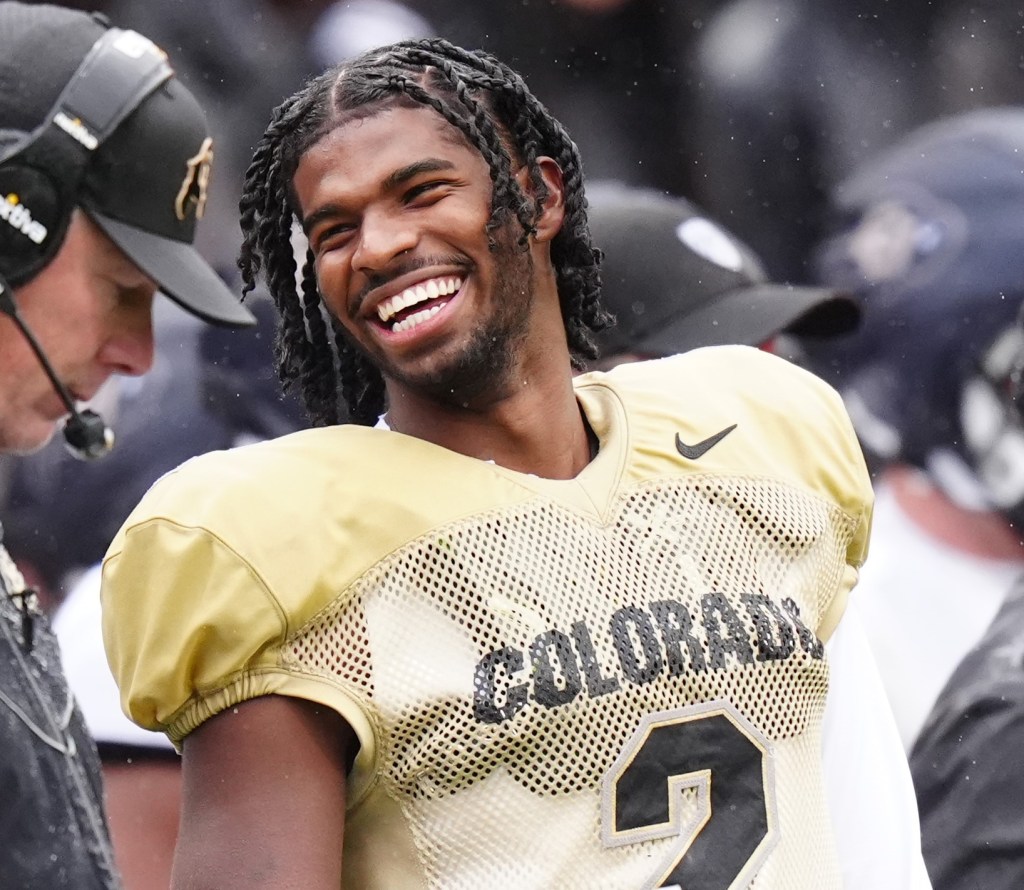 Shedeur Sanders has a laugh during a Colorado spring practice in late April.