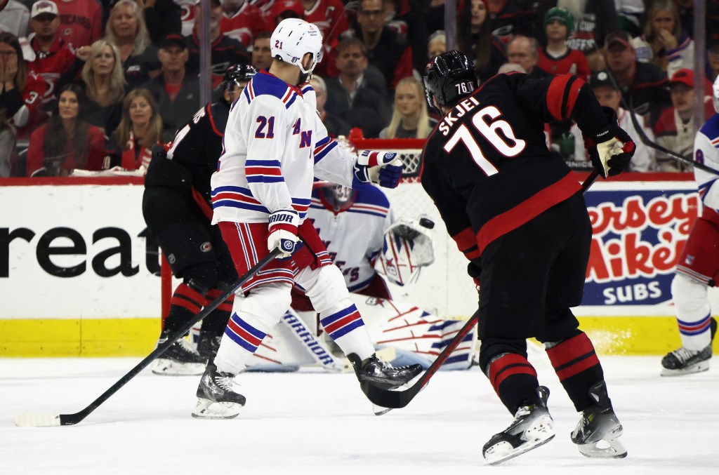 Brady Skjei (76) scores the game-winning goal late in the third period of the Rangers' 4-3 Game 4 loss to the Hurricanes.