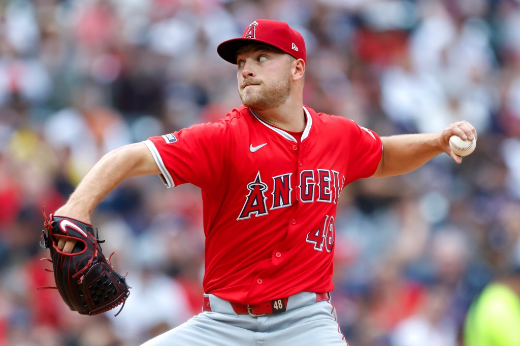 Reid Detmers #48 of the Los Angeles Angels pitches against the Cleveland Guardians during the second inning at Progressive Field on May 04, 2024 in Cleveland, Ohio. 