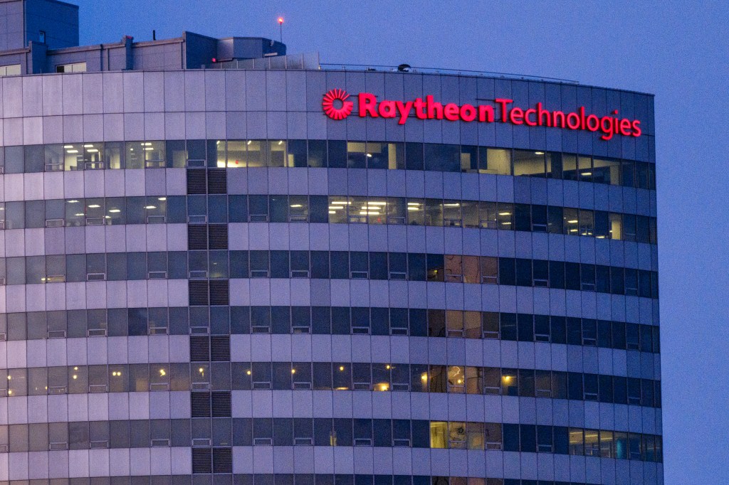 The Raytheon Technologies headquarters building, recently renamed RTX Corporation, at dusk on January 20, 2024 in Arlington, VA.