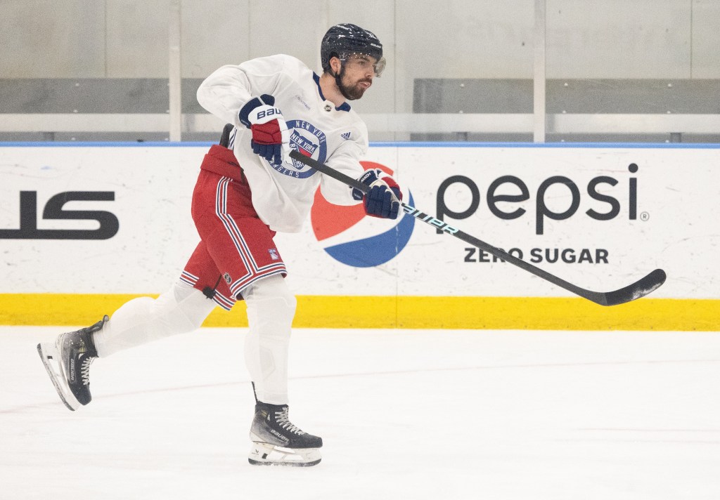 Filip Chytil shoots during Rangers practice in preparation for their Eastern Conference Final showdown vs. the Panthers.