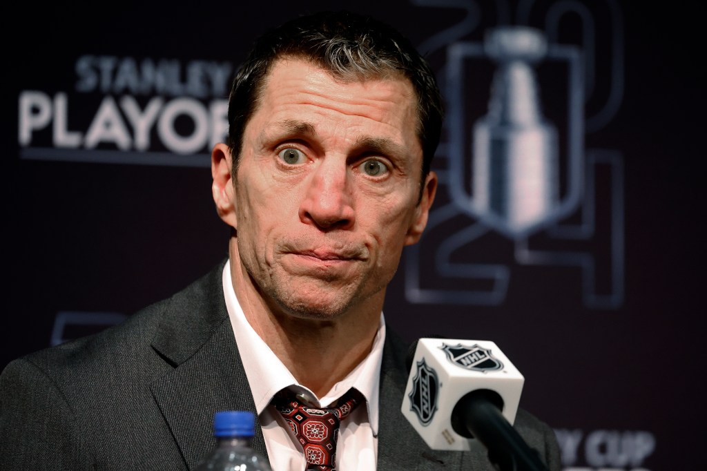 Rod Brind’Amour speaks to the media after the Hurricanes' Game 6 loss to the Rangers on May 16, 2024. 