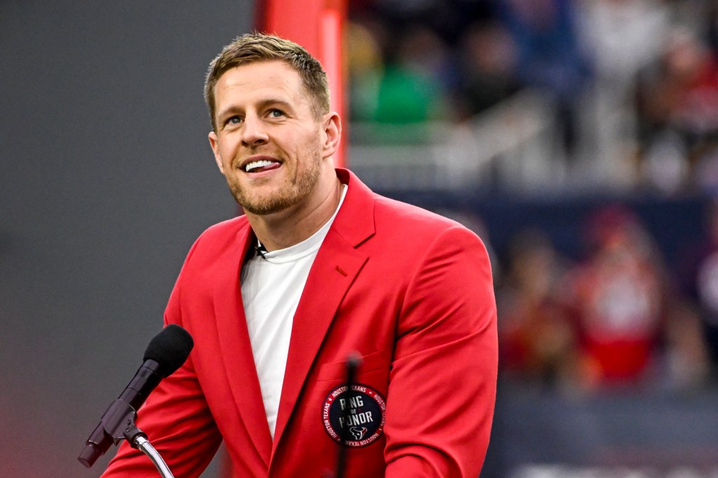 Former Houston Texans player J.J. Watt speaks during a ceremony inducting him into the Texans Ring of Honor during a game against the Pittsburgh Steelers at NRG Stadium on October 01, 2023.