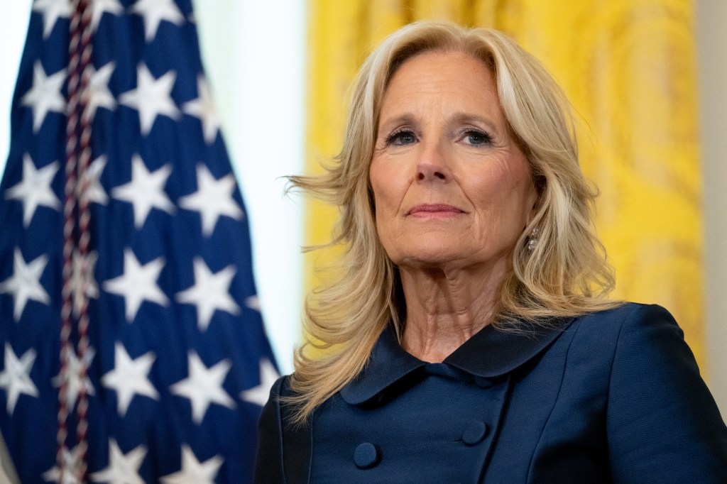 US First Lady Jill Biden speaks about the upcoming National World War I Memorial and the people who helped in its creation, in the East Room of the White House in Washington, DC, May 7, 2024.