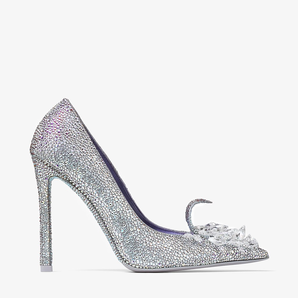 Silver high-heeled Jimmy Choo shoe with pointed toe and heart details