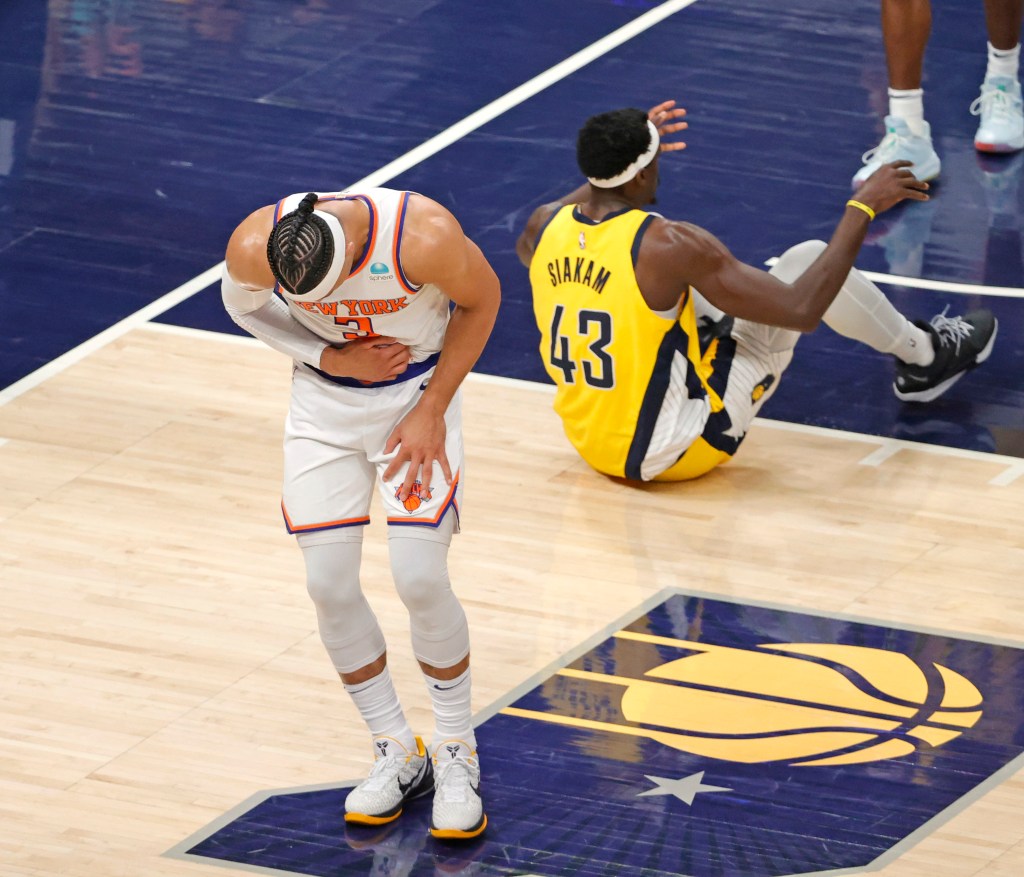 Josh Hart #3 of the New York Knicks reacts after getting hit in the ribs during the second quarter.
