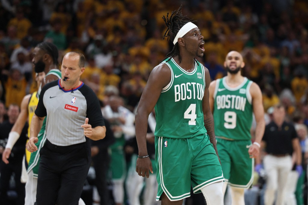 Celtics guard Jrue Holiday reacts after drawing a foul against the Pacers in the closing seconds of the fourth quarter of Game 3 of the Eastern Conference Final.