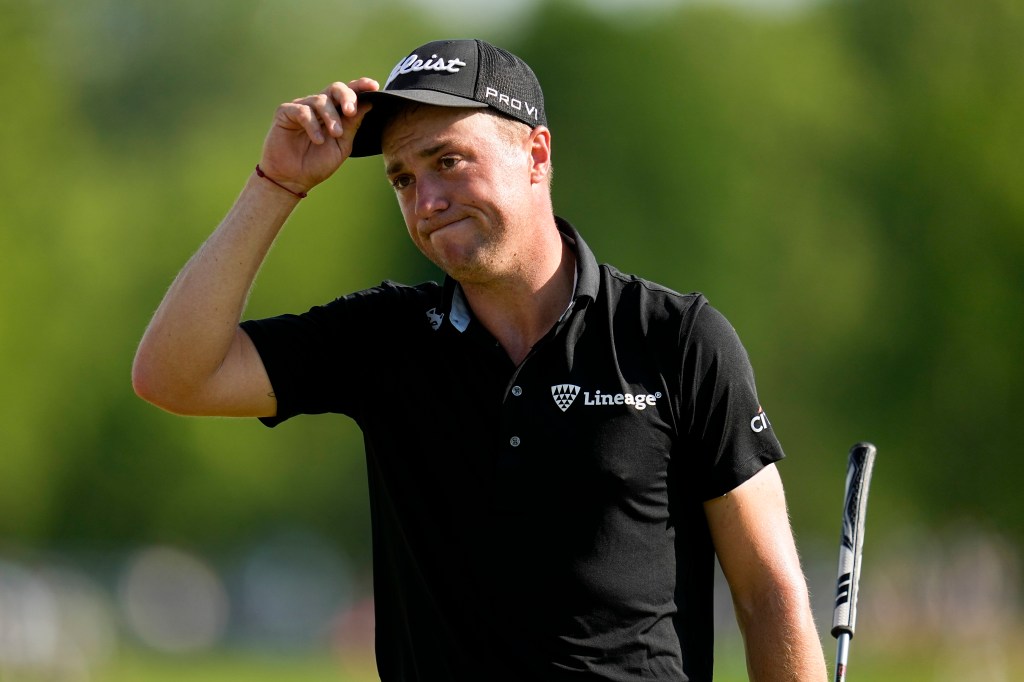 Justin Thomas reacts after his final round of the PGA Championship golf tournament at the Valhalla Golf Club.