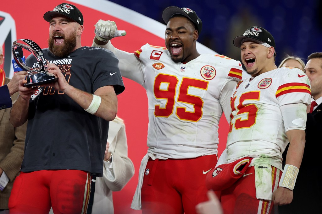 Travis Kelce, Chris Jones and Patrick Mahomes celebrate the Chiefs' AFC Championship win over the Ravens in January 2024.