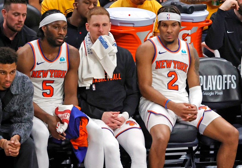 Donte DiVincenzo (center, with Precious Achiuwa, left) and Miles McBride (right) struggled in the second half of the Knicks' 116-103 Game 6 loss to the Pacers.