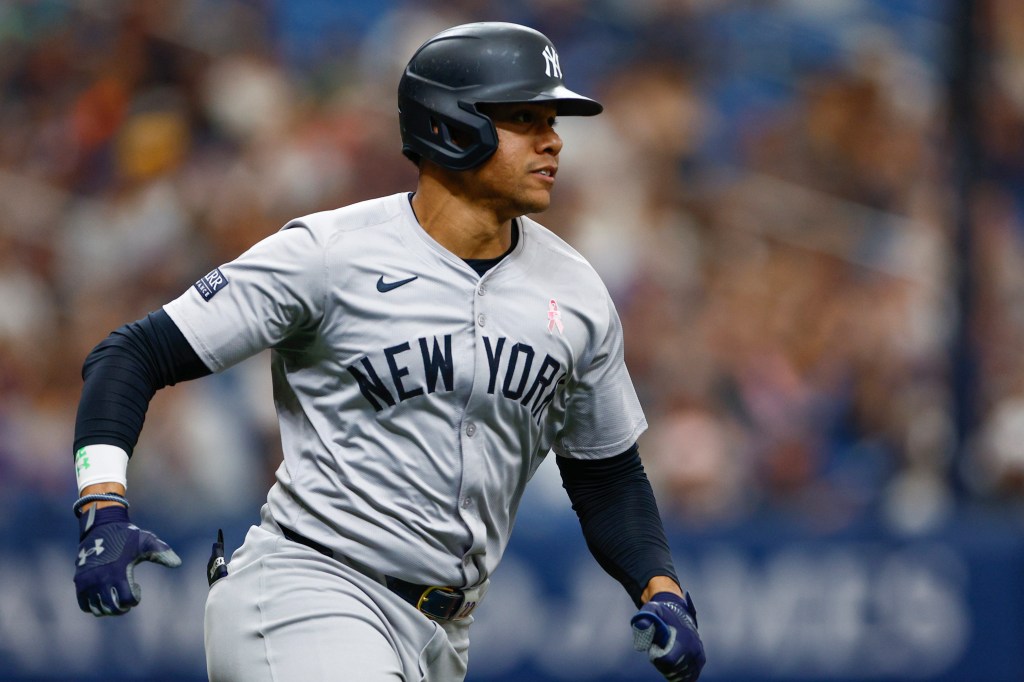 Juan Soto #22 of the New York Yankees hits a single during the fifth inning against the Tampa Bay Rays at Tropicana Field on May 12, 2024 in St Petersburg, Florida. 