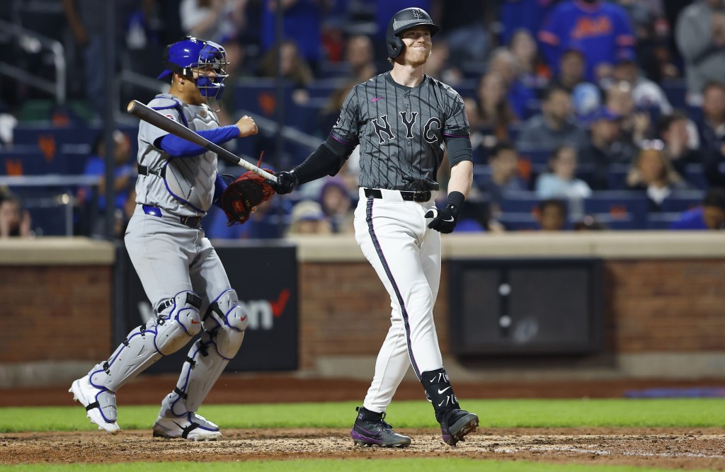 Brett Baty, striking out during a recent game, entered play Tuesday in a 3-for-26 funk.