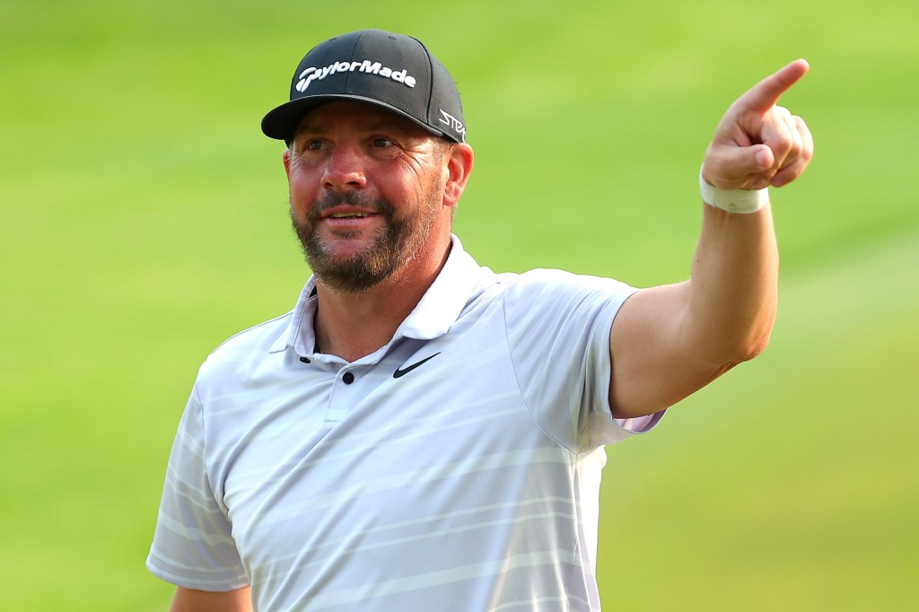 Michael Block acknowledges the fans on the 18th hole of last week's PGA Championship.