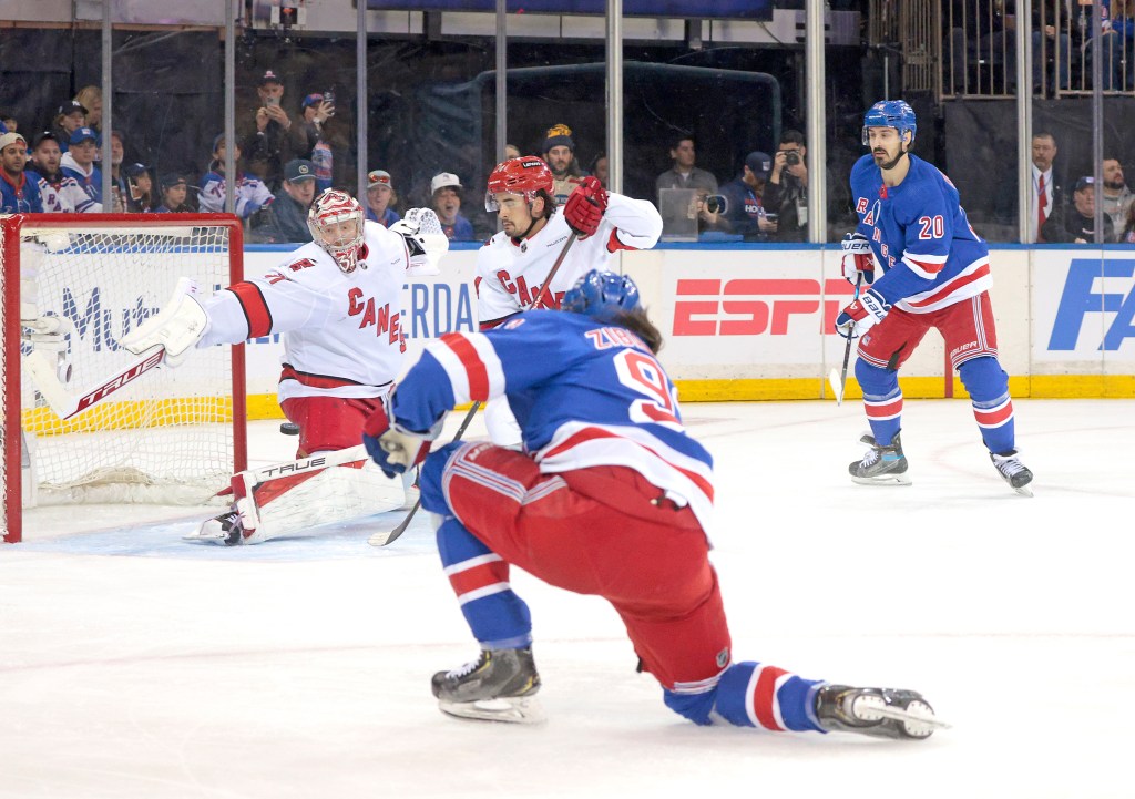 Mika Zibanejad scores during the Rangers' Game 1 win over the Hurricanes on May 5, 2024.