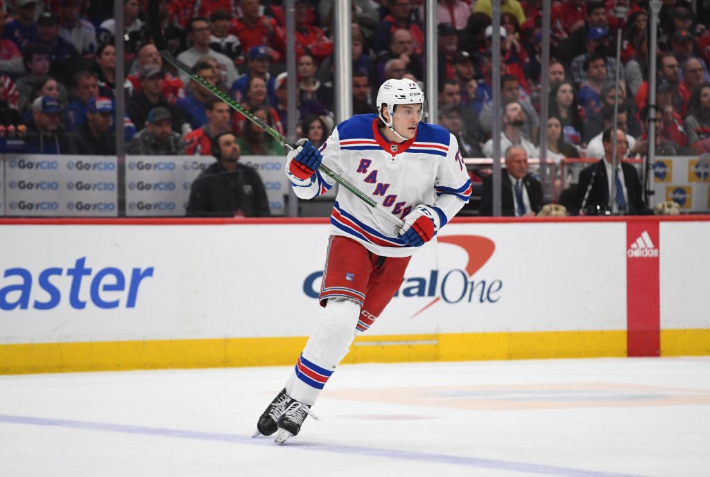 Rangers center Matt Rempe (73) skates during game four of the first round of the Eastern Conference playoffs between the New York Rangers and Washington Capitals National Hockey League game on April 28, 2024 at Capital One Arena in Washington, D.C.