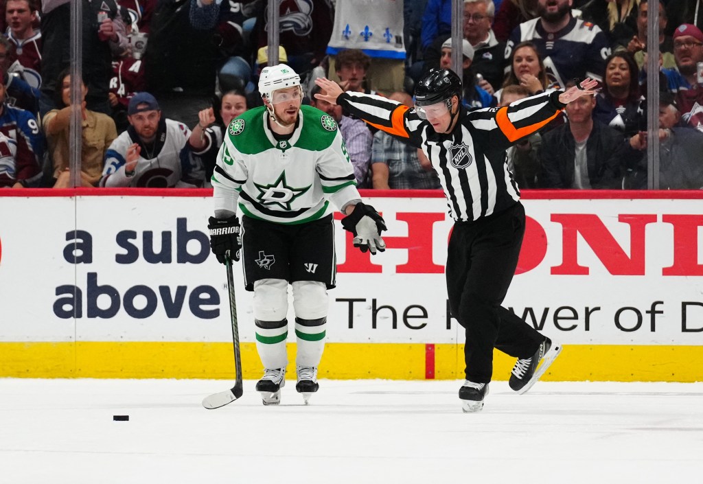 Matt Duchene argues as the referee waves off Mason Marchment's goal during the Stars' Game 6 win over the Avalanche on May 17, 2024. 