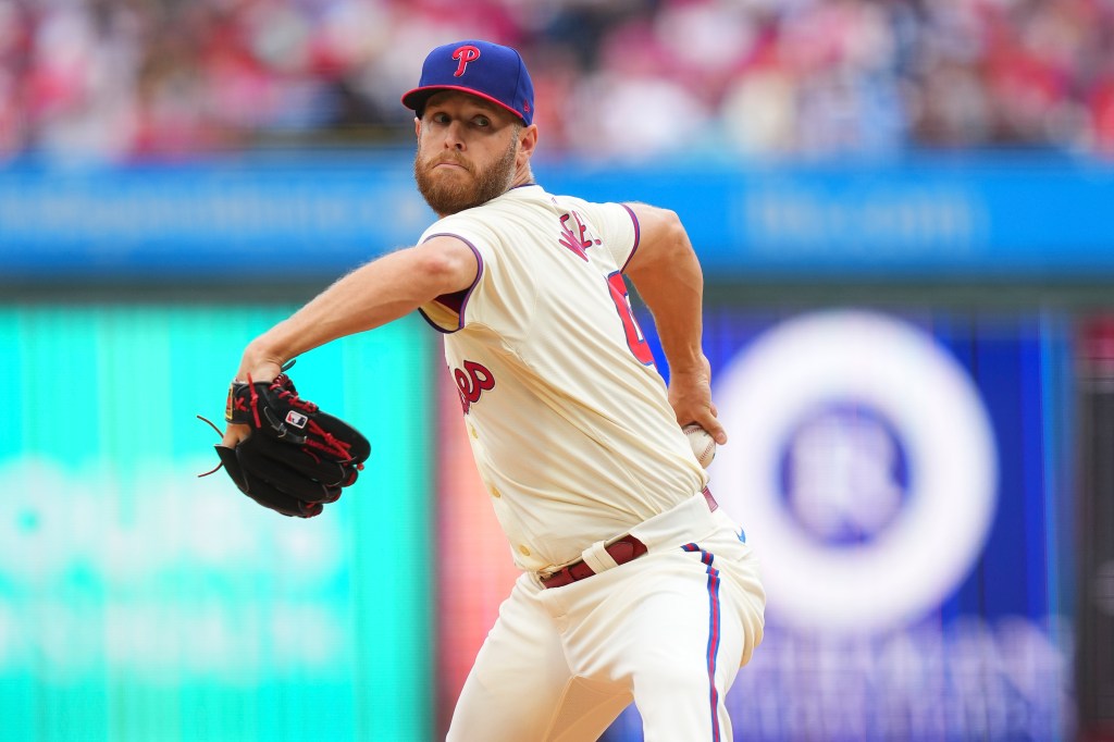 Zack Wheeler #45 of the Philadelphia Phillies throws a pitch against the San Francisco Giants at Citizens Bank Park on May 6, 2024 in Philadelphia, Pennsylvania. 