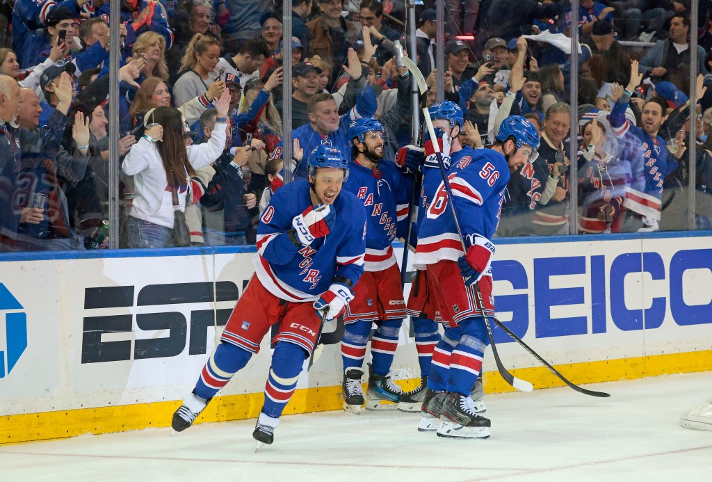 Artemi Panarin celebrates after scoring during the Rangers' Game 1 win over the Hurricanes on May 5, 2024. 