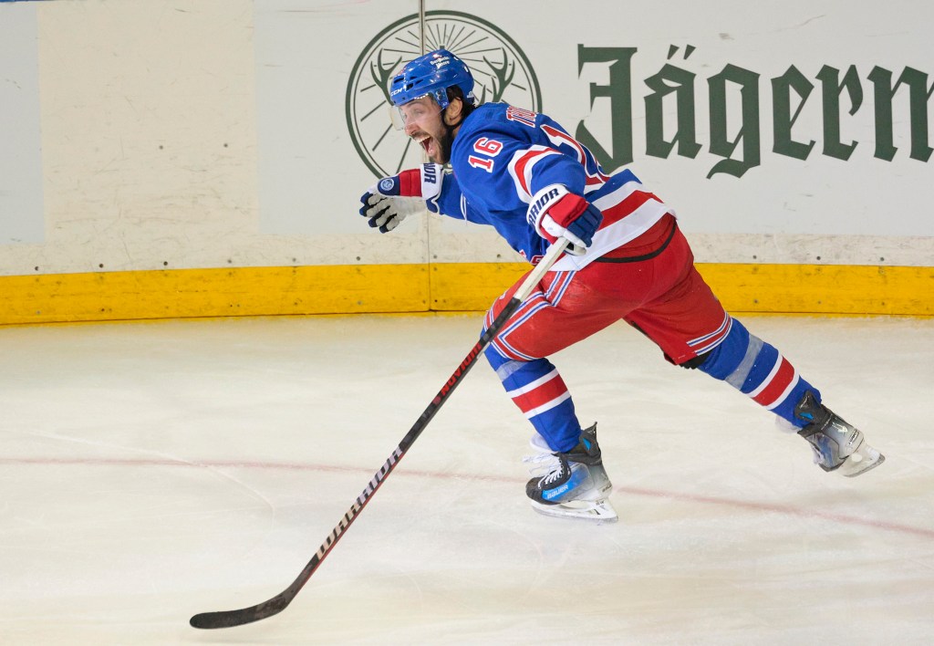 Vincent Trocheck celebrates after scoring the game-winning goal in the Rangers' 4-3 Game 2 win over the Hurricanes in double overtime.