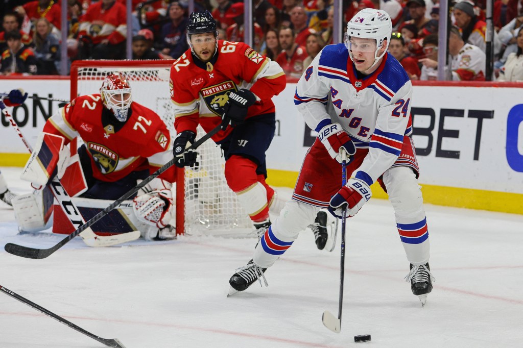 Rangers winger Kaapo Kakko handles the puck during Game 3 on Sunday in Sunrise, Fla.