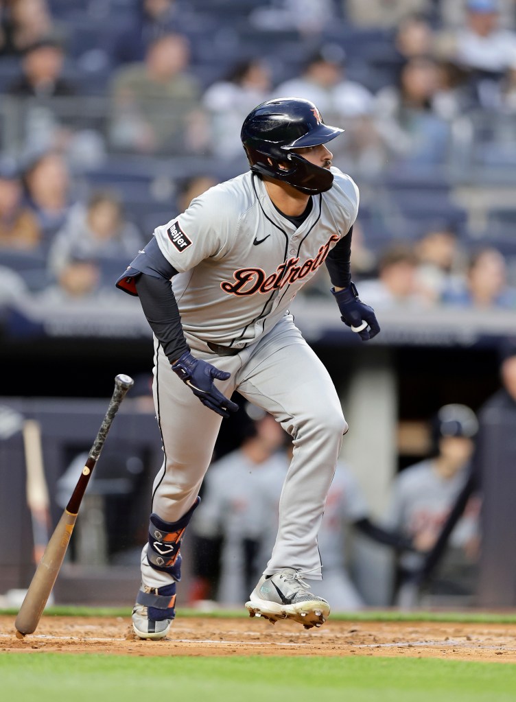  Riley Greene #31 of the Detroit Tigers follows through on his third inning base hit against the New York Yankees