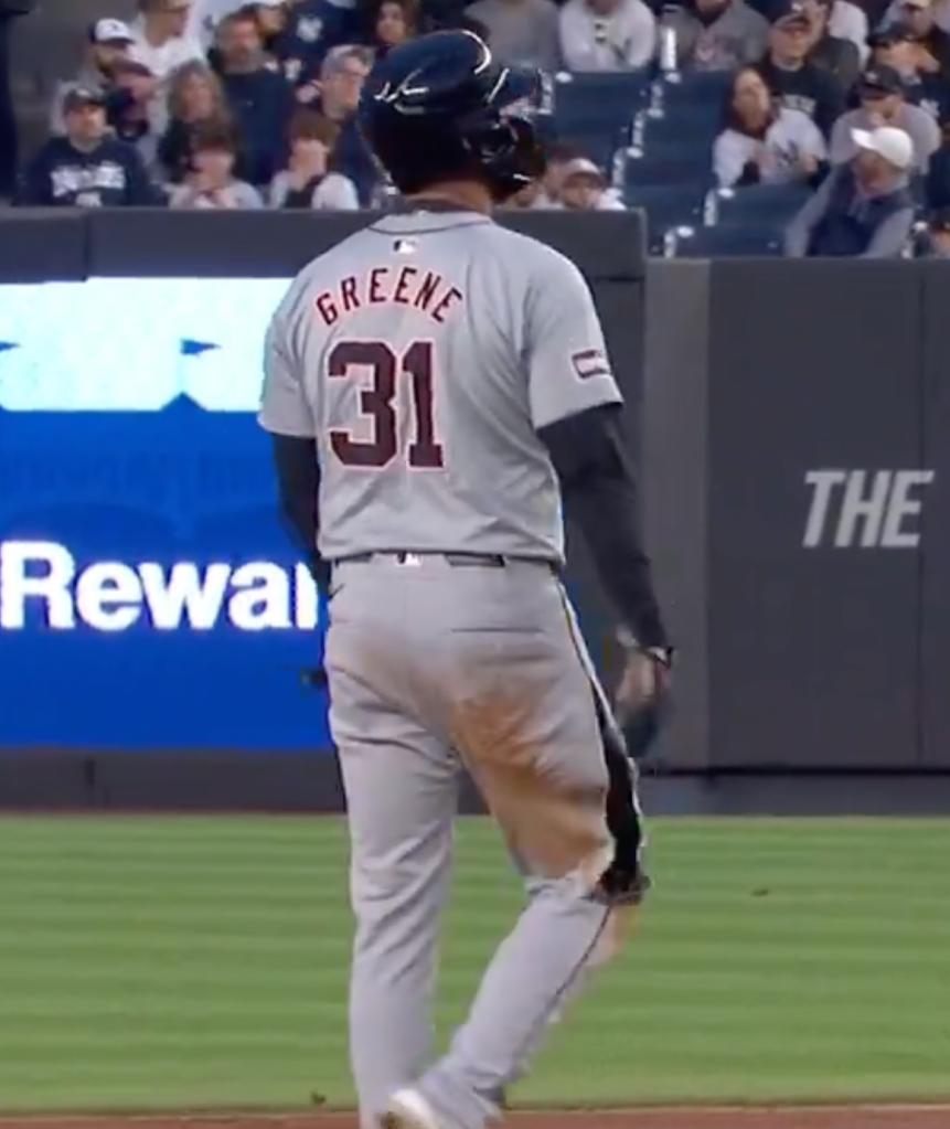 Riley Greene's uniform pants ripped against the Yankees Friday. 