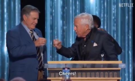 Bill Belichick and Robert Kraft cheers before taking a shot at the Roast of Tom Brady on Sunday.